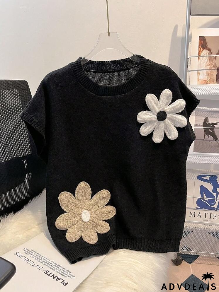 Dopamine Flower Crochet Wide Shoulder Short Sleeve Knit Pullover Sweater, Suitable For Spring, Summer, And Early Autumn