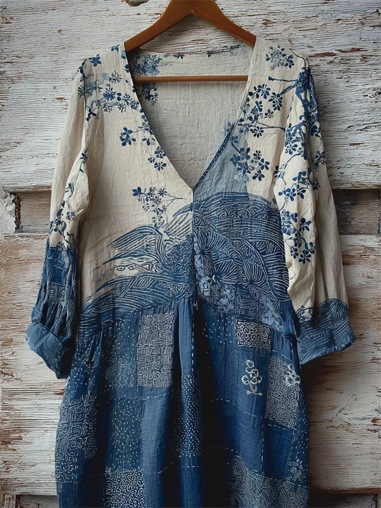 Comstylish Cherry Blossom Sea Waves Japanese Sashiko Art Linen Maxi Dress