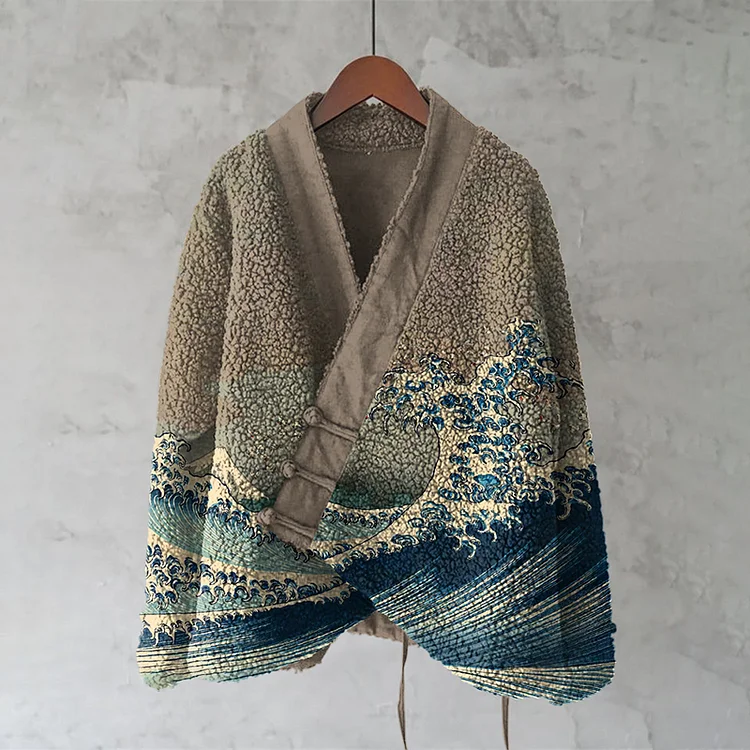 Japanese Waves Art Cozy Fleece Kimono Cardigan