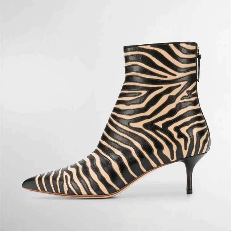 FSJ Black & Khaki Zebra Print Kitten Heel Pointed Toe Ankle Boots |FSJ Shoes