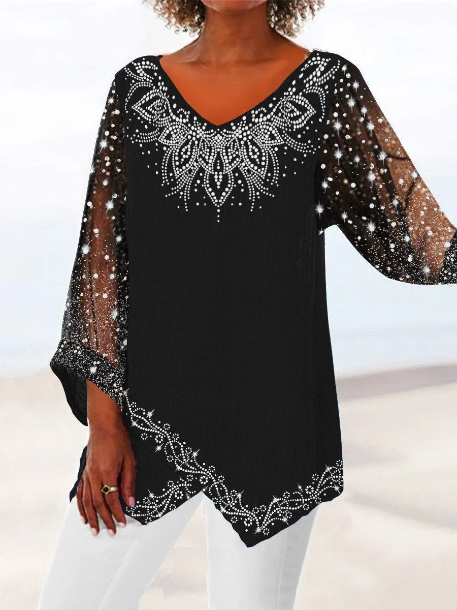 Women Asymmetrical 3/4 Sleeve V-neck Solid Floral Lace Top