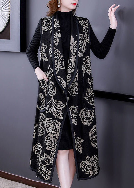 VCSHOES Loose Black Print Pockets Patchwork Cotton Long Waistcoat Sleeveless