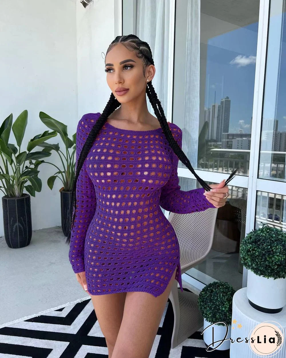 Hollow Out Backless Long Sleeve Sexy Short Dresses