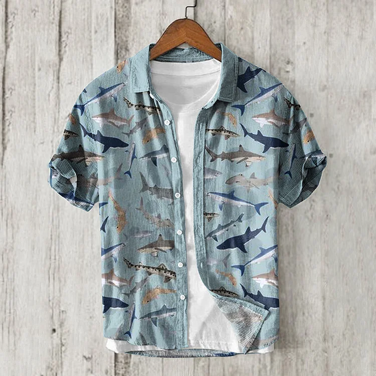 Men's Japanese Art Shark Button Casual Shirt