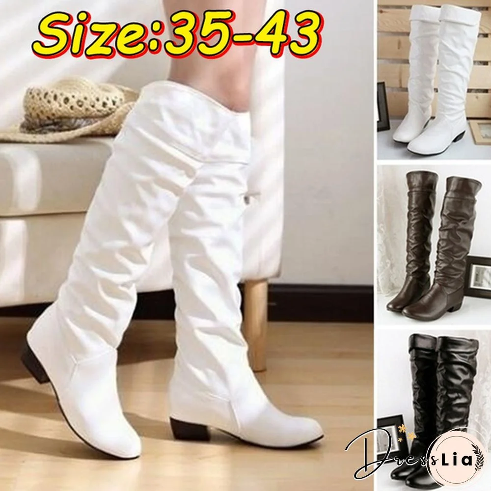 Autumn And Winter Women's Knee High Boots Warm Leather Boots Low Heel Half Boots Knight Boots