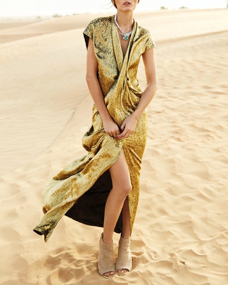 Casual Golden Cross Short Sleeve Slit Dress