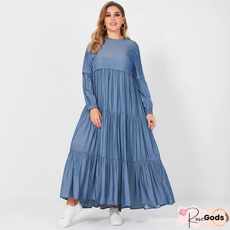 New Summer Women Long Dress Fashion Sweet Pure Blue Color O-Neck Pleated Cake Loose Large Size Big Swing Long Sleeve Dresses