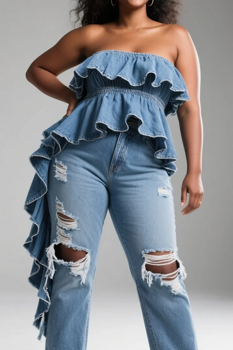 Xpluswear Design Plus Size Party Blue Ruffle Casual Distressed Denim Two Piece Pant Sets [Pre-Order]