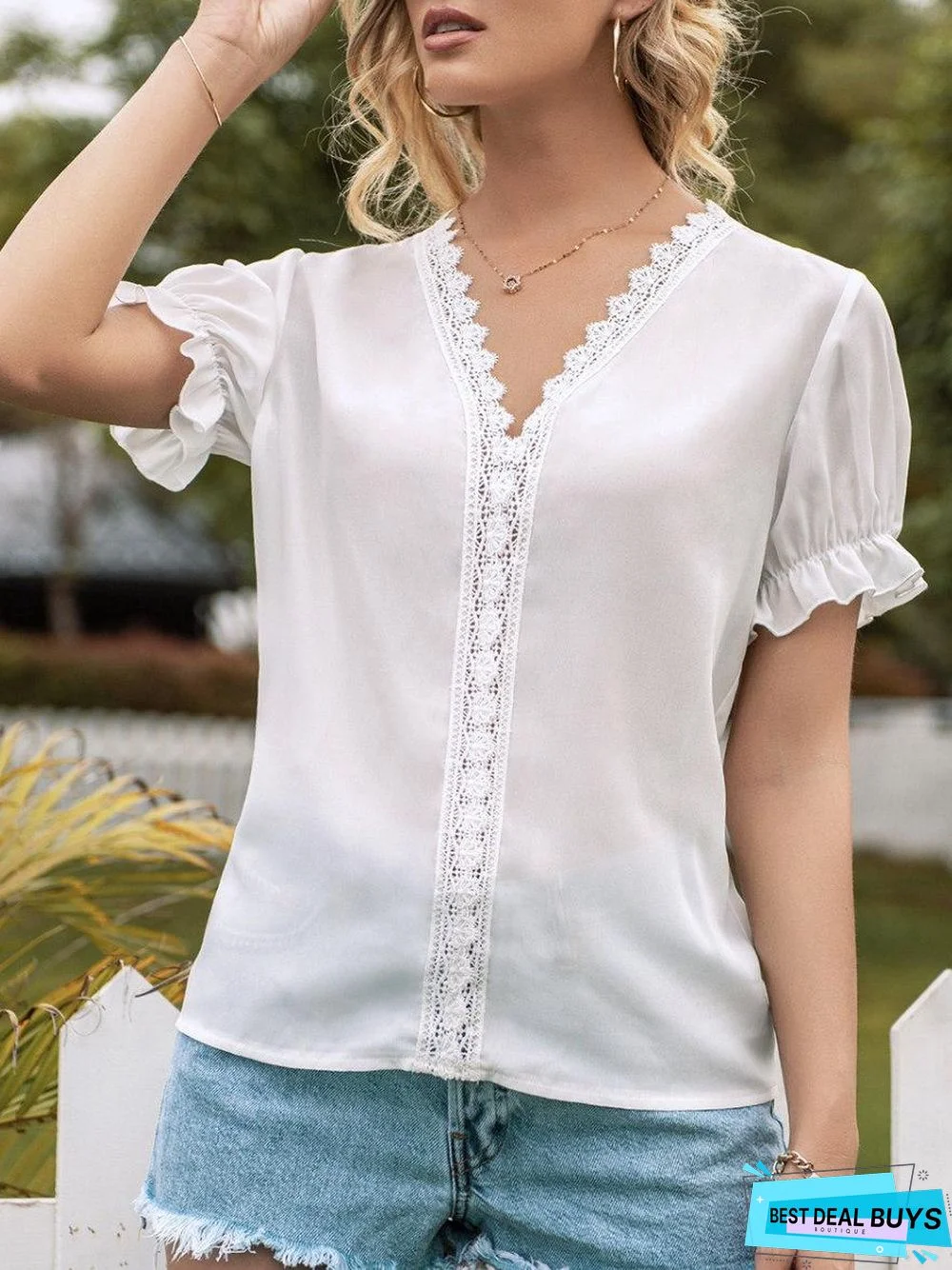 Lace V Neck Bubble Sleeve Shirt