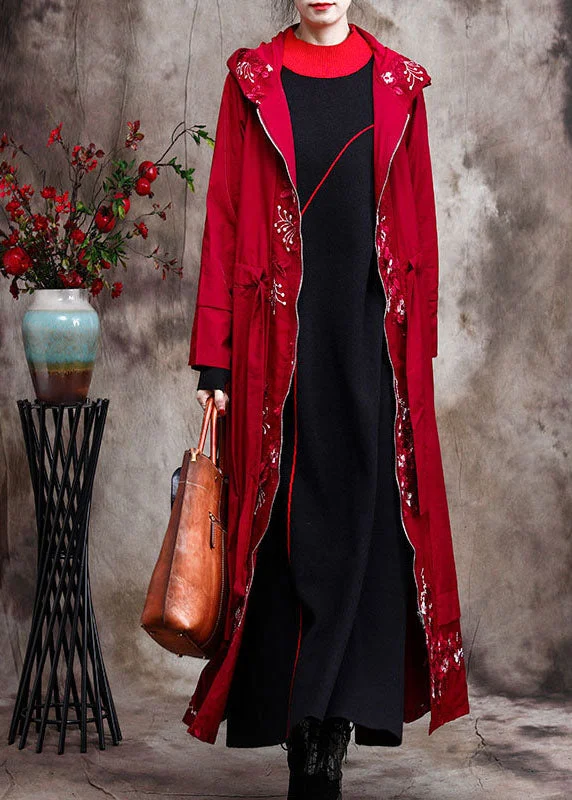 Red zippered Patchwork Embroideried  Coats