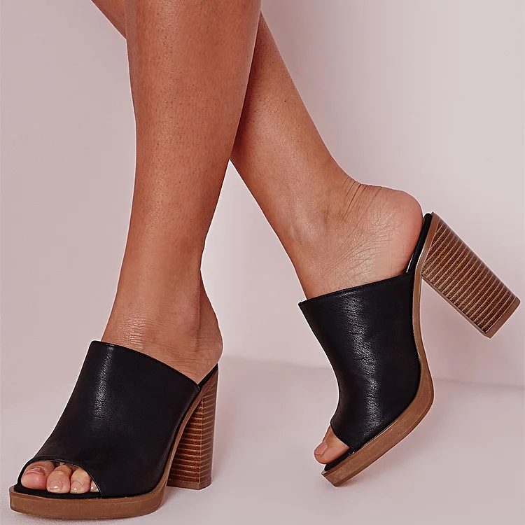 Black Vintage Chunky Heel Peep Toe Mule Heels Vdcoo