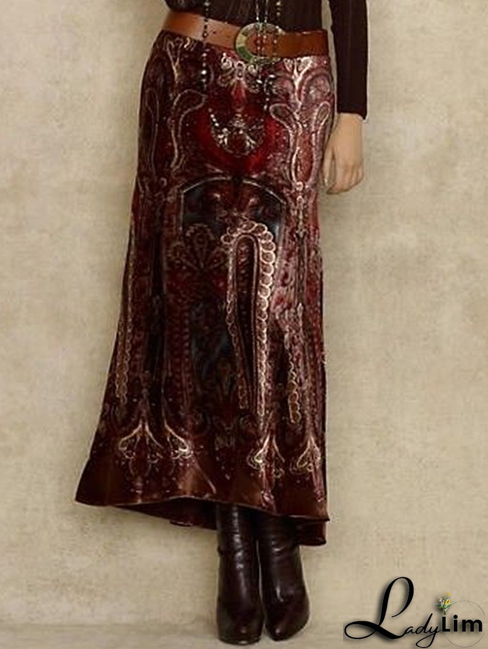 Daily Vintage Floral Jacquard Velvet Midi Skirt