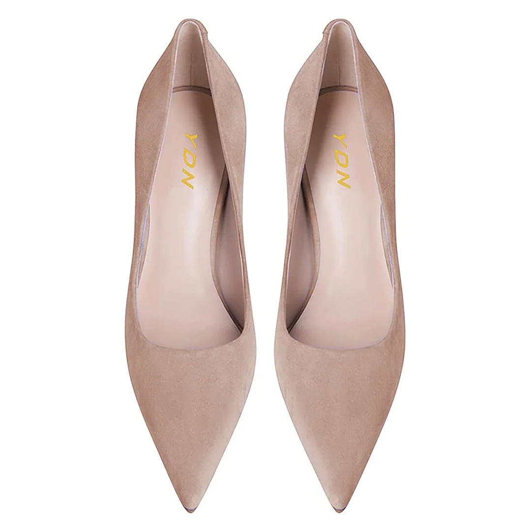 YDN Classic Vegan Suede Flared Heel Pointed Toe Nude Pumps