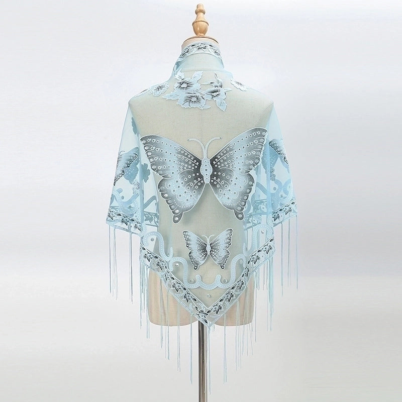 New Tassel Triangle Scarf Solid Color Hollow Lace Butterfly Embroidered Triangle Shawl Scarf For Women