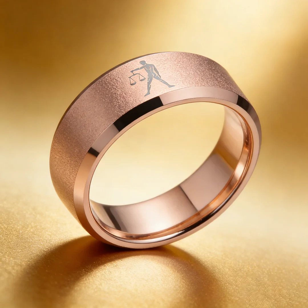 Rose Gold Libra Tungsten Carbide Rings Beveled Edges Rose Gold Laser Etched Couple Wedding Bands for Men and Women 4MM 6MM 8MM Width