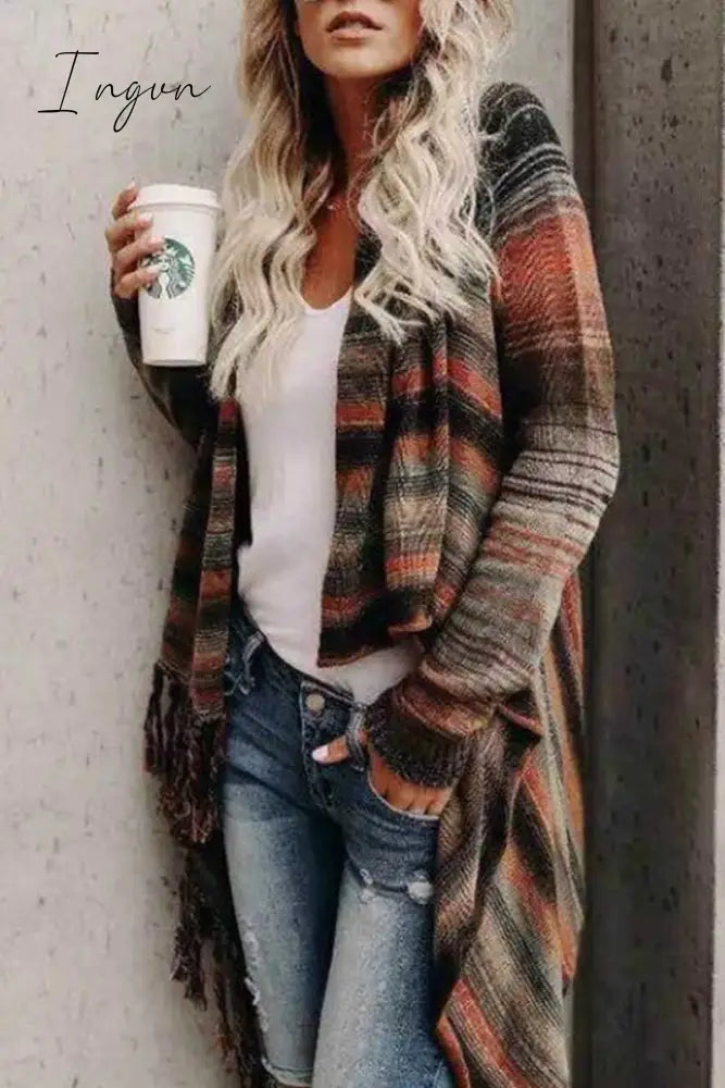 Ingvn - Striped Shawl Sweater 2 Styles S / Orange Tops