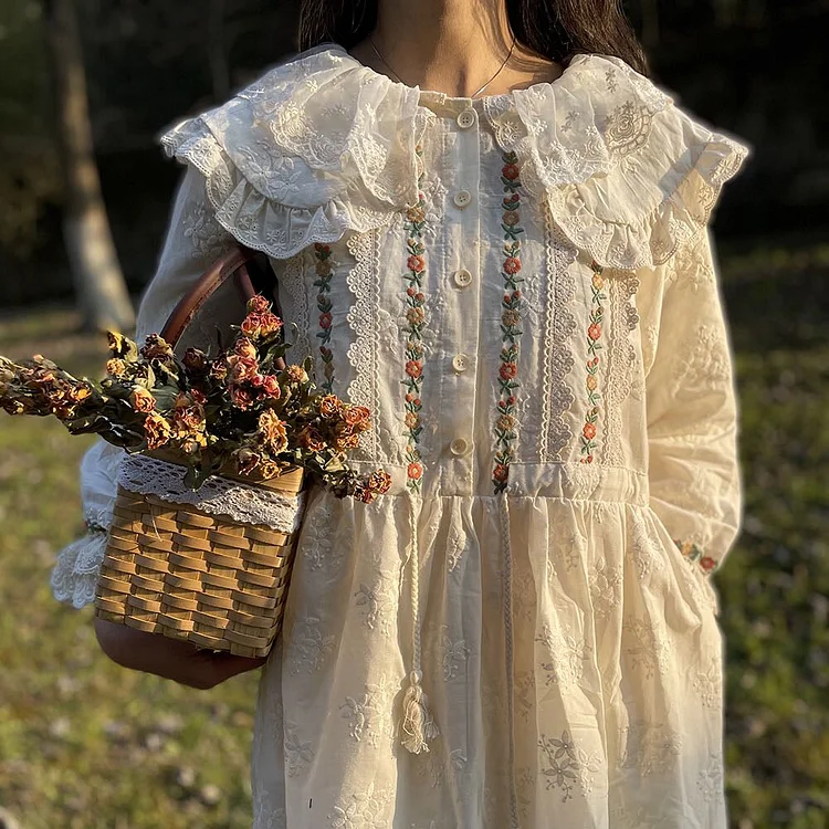 Queenfunky cottagecore style Floral Embroidered Lace Dress With Drawstring QueenFunky