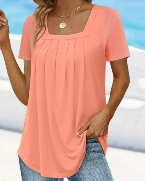 Square Neck Casual Loose Plain T-Shirt