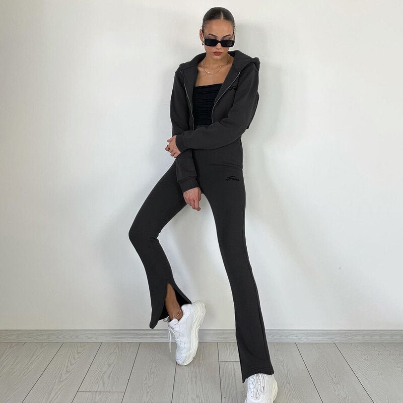 WannaThis Letter Embroidery 2 Piece Sets Women Long Sleeve Hoodie Black Cropped Top And Women Side Split Slim Pants Fitness Set