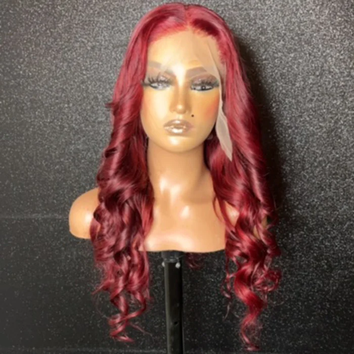 WeQueen 20 Inches Burgundy Middle Part Body Wave 13*6 Lace Frontal Wigs 200% Density-100% Human Hair