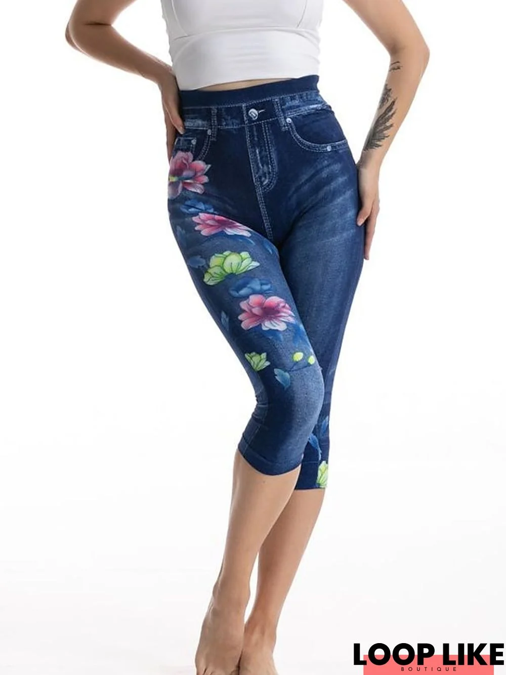 Women's Skinny Leggings Jeans Capri shorts Denim Faux Denim Blue High Waist Tights Casual / Sporty Athleisure Casual Weekend Print High Elasticity Calf-Length Tummy Control Flower / Floral S M L XL