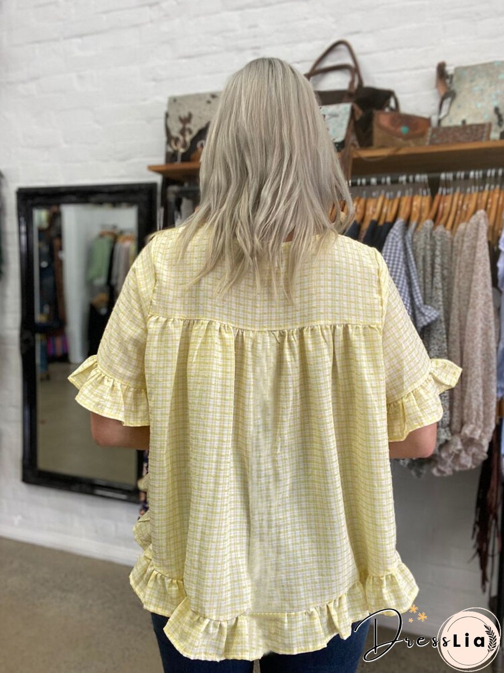 New Round Neck Women's Shirt With Turtleneck And Trumpet Sleeves Spliced Short Sleeve Plaid Jacquard Casual Jacket Tops Tees