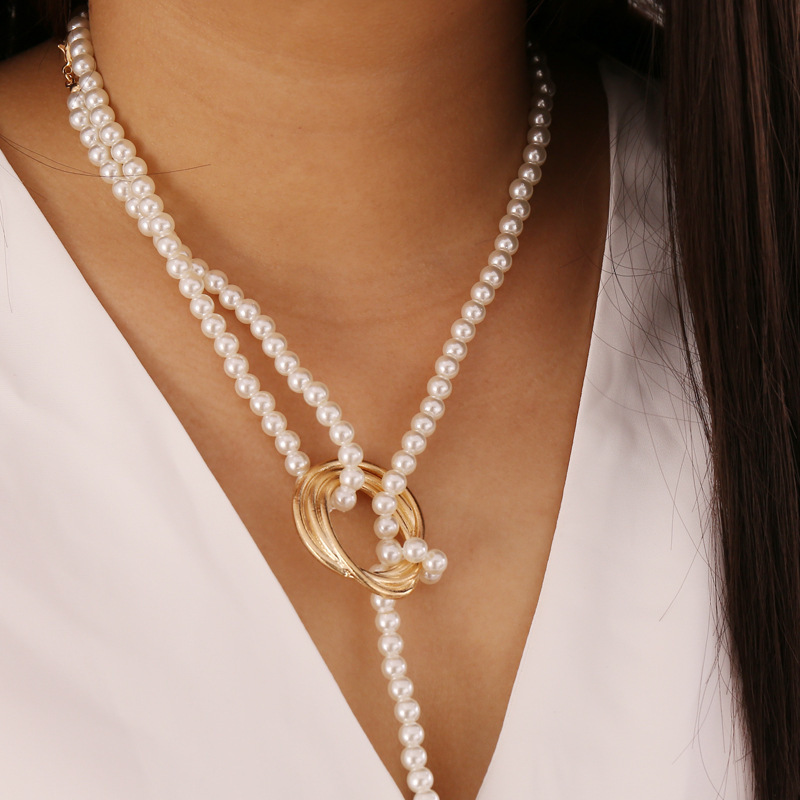 Retro White Pearl Geometric Metal Necklace Bracelet Jewelry Set