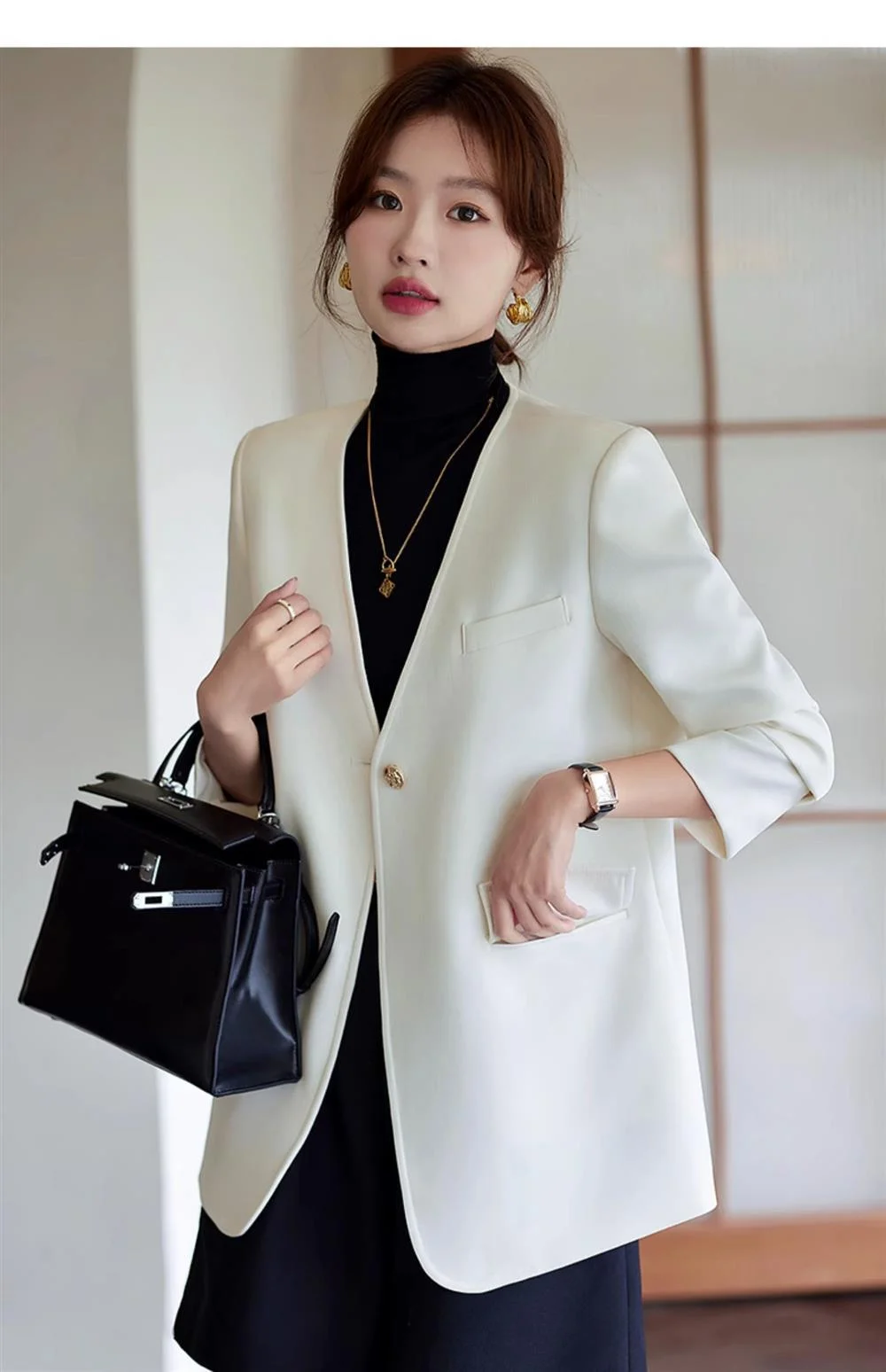 Woherb White Collarless Suit Jacket Female Spring 2025 New Small Fragrant Wind Advanced Sense Temperament Casual Korean Version Small Suit-Outfit Ideas