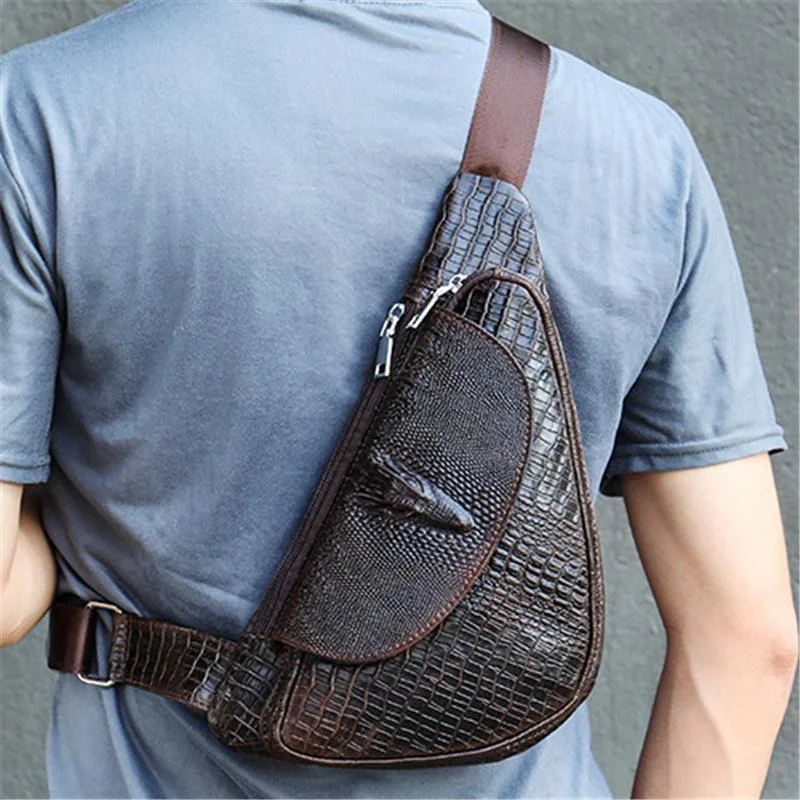 Mens Outdoor Fashion Alligator Pattern Cow Leather Chest Bags