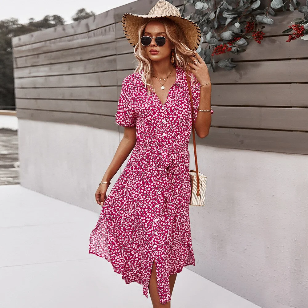 Midi Dress Women Summer Shirt Dress Floral Printed Vintage High Waist Dresses Ladies Casual Loose Single-Breasted Elegant Robe