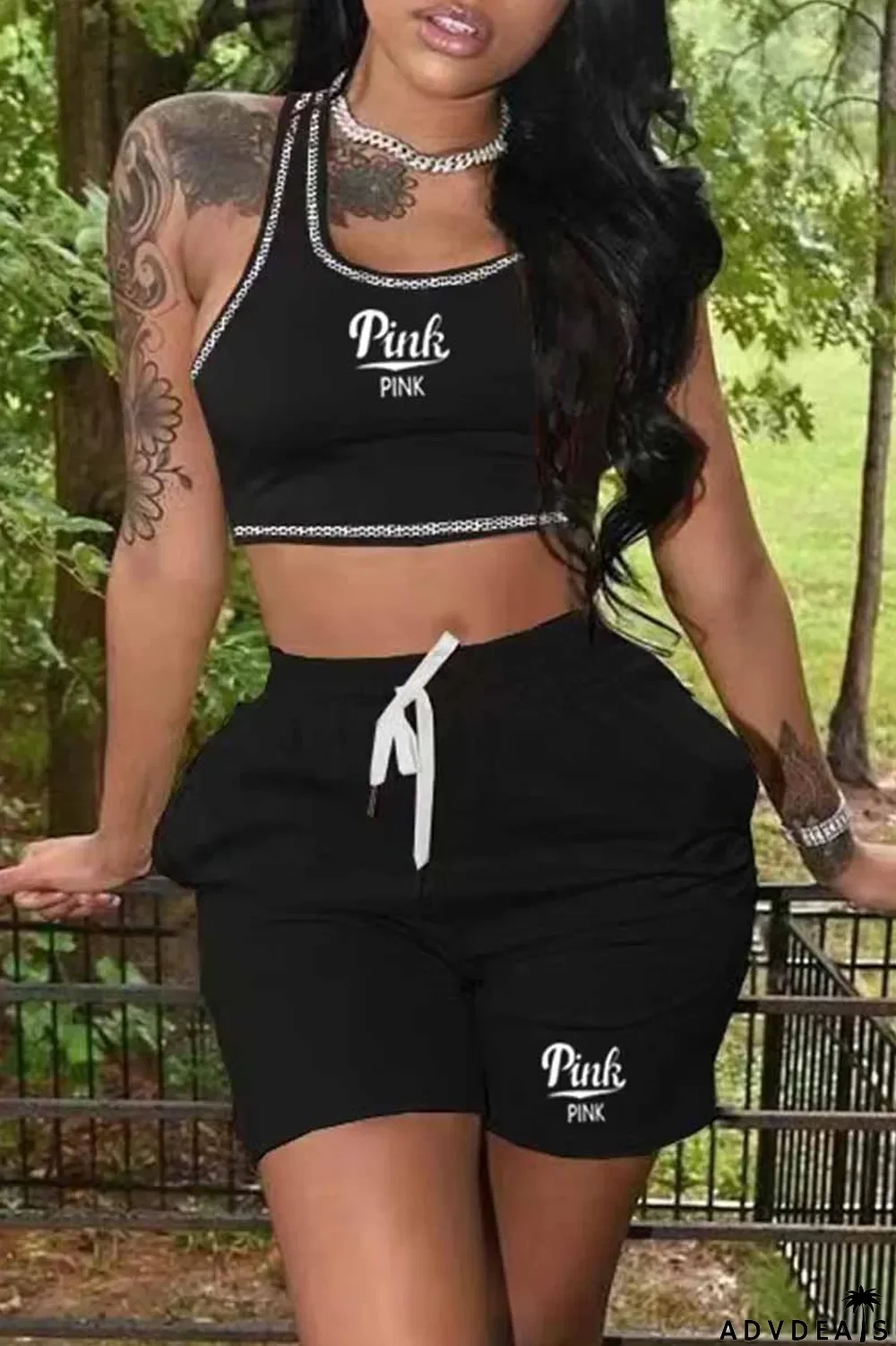 Blue Casual Print Letter U Neck Sleeveless Two Pieces