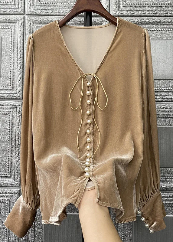 Simple Brown V Neck Pearl Patchwork Silk Velour Top Long Sleeve