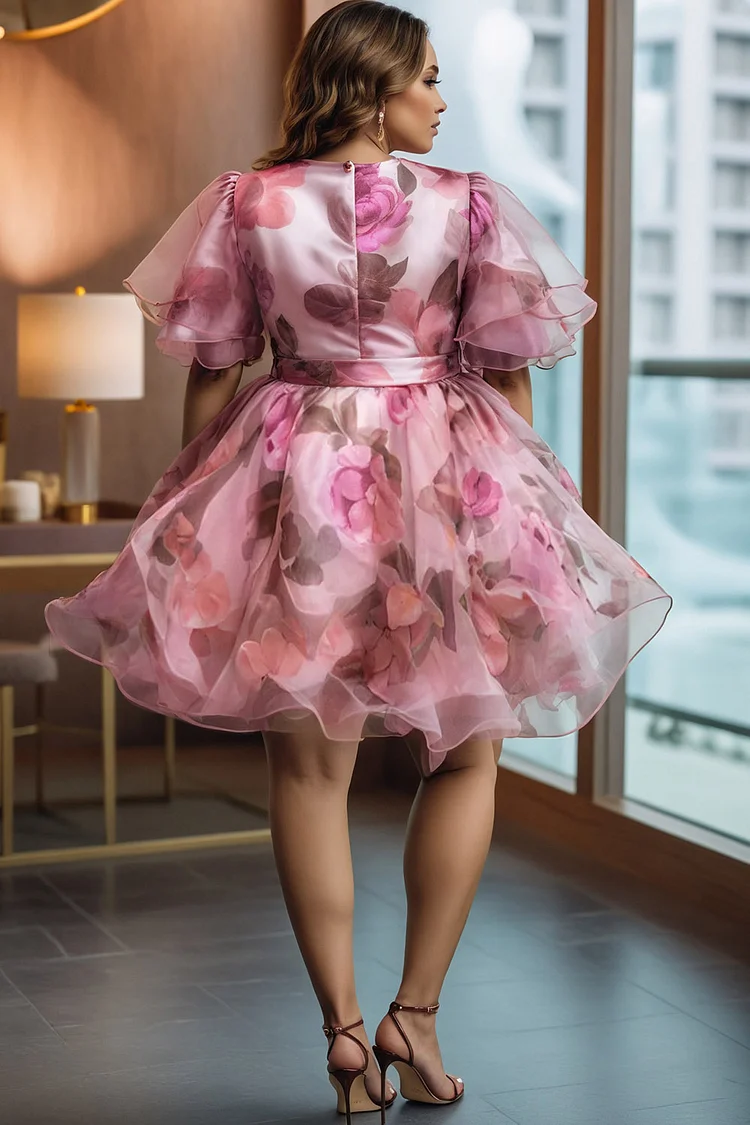 Xpluswear Design Plus Size Cocktail Party Pink Floral Wrap Neck Short Sleeve Irregular Hem Chiffon Mini Dresses [Pre-Order]