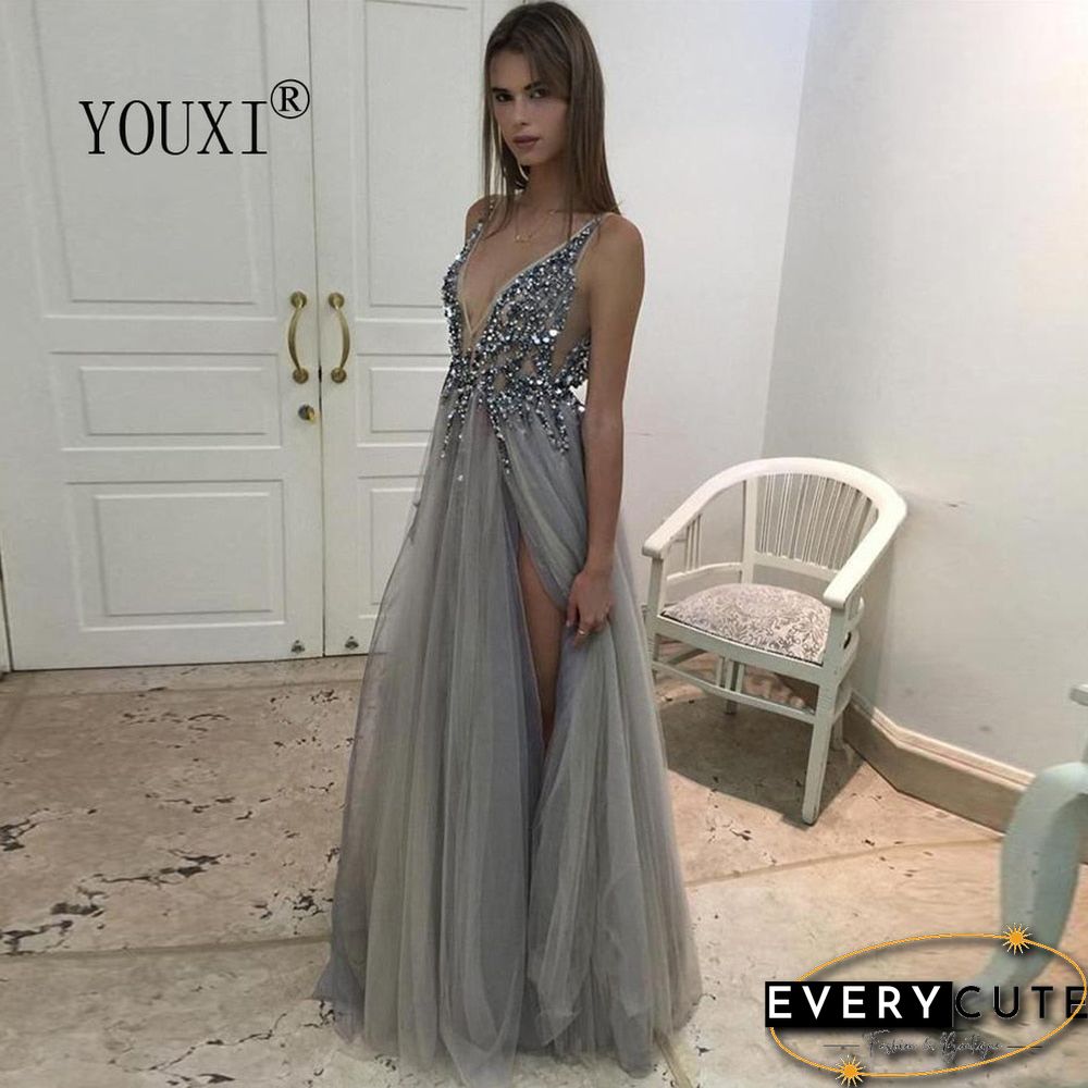 Light Gray Prom Dress Long Neck High Split Tulle Sweep Train Evening Gown A-Line Backless