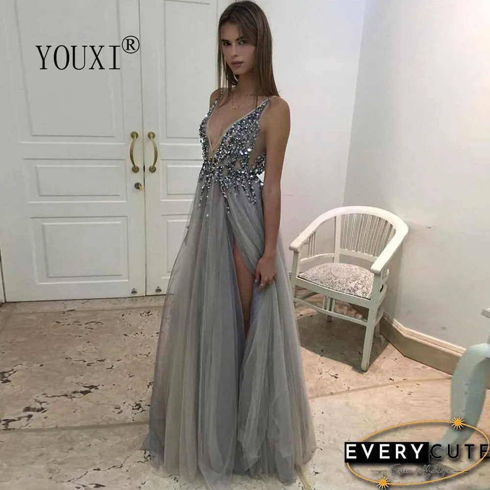 Light Gray Prom Dress Long Neck High Split Tulle Sweep Train Evening Gown A-Line Backless
