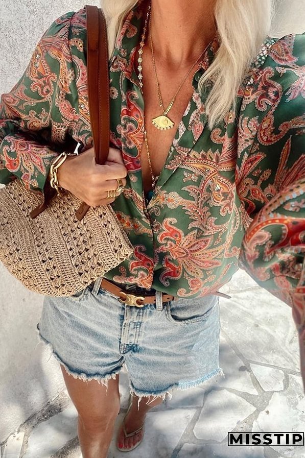 Unique Printed Loose Resort Long Sleeve Shirt