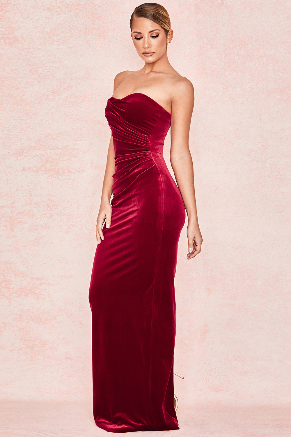 Beautiful Strapless Long Velvet Red Prom Dress