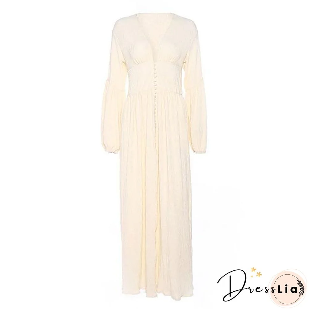 Casual Button UpLong Summer Dress Long Sleeve Vintage Deep V Neck Maxi Dresses Robe White Boho Beach Dress Vestidos New