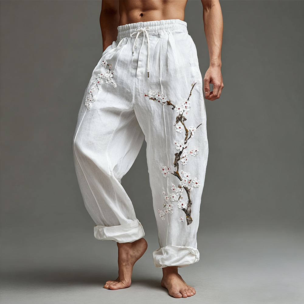 Men's Retro Bohemian Embroidered Cherry Blossom Tree Casual Trousers  artssus