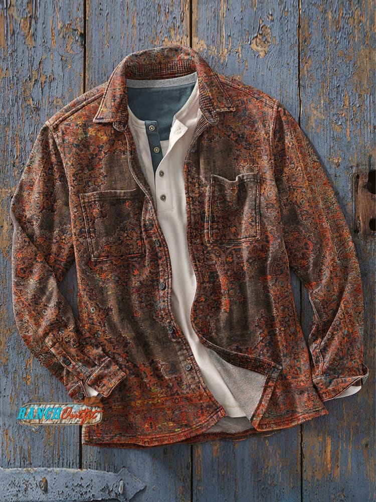 Men’s Vintage Abstrct Art Print Casual Long Sleeve Shirt Multicolor / S