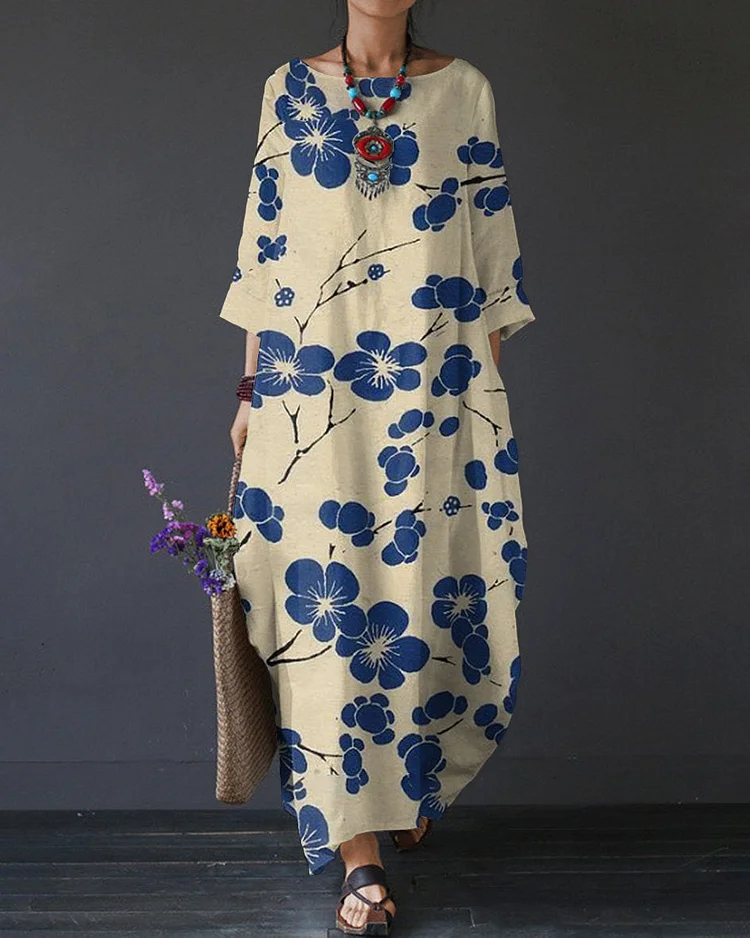 Japanese Art Plum Blossom Print Linen Blend Midi Dress