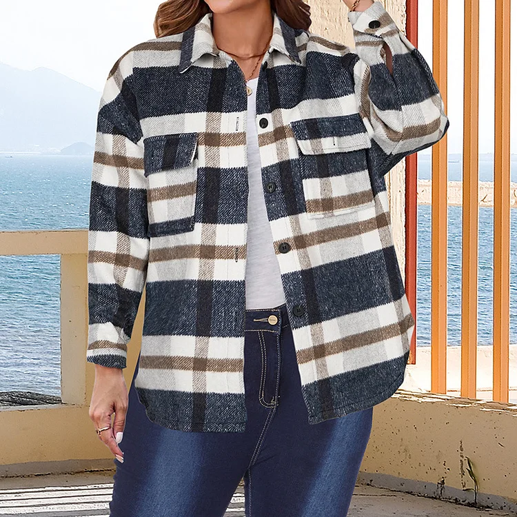 Women's Plus Size Plaid Shirt Jacket Loose Oversized Lapel Fall Winter Outwear