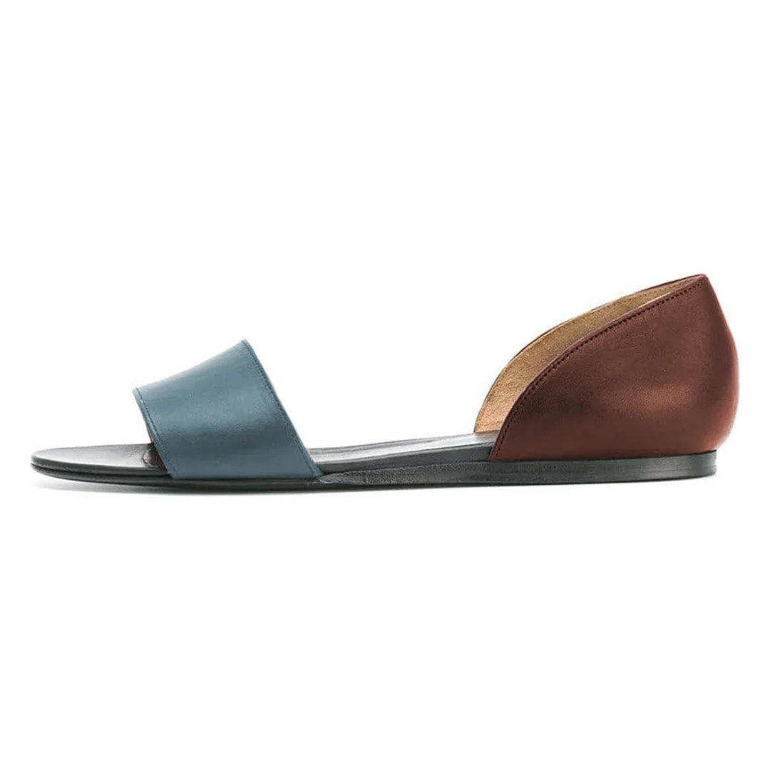 Vegan Leather Round Toe Flat Comfy Sandals in Blue & Brown
