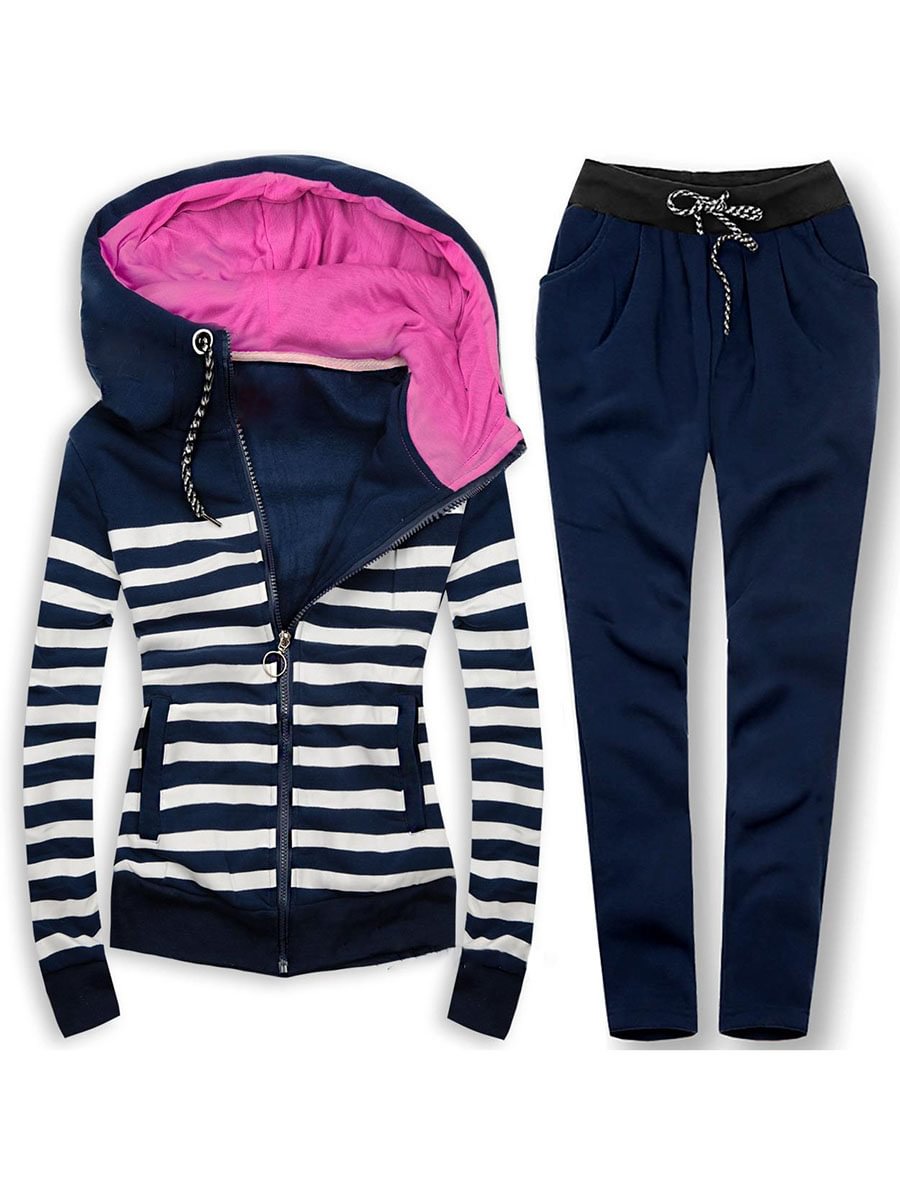 Women's Dark Blue Contrast Stripe Casual Hoodie Set