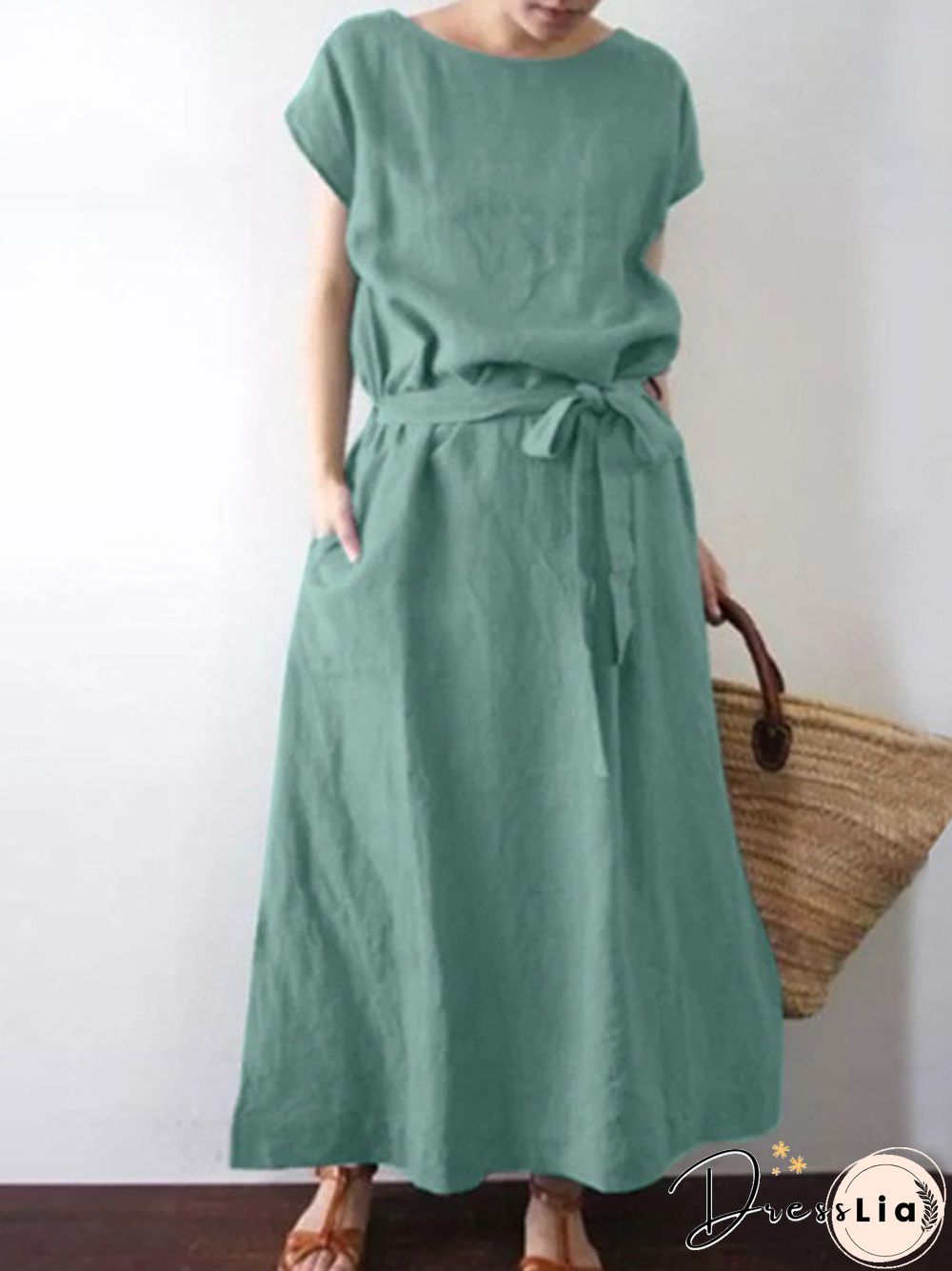 Casual O-Neck Solid Color Cotton Linen Belt Long Dress Retro Simple Commute Dress Women Fashion Loose Short Sleeve Pocket Dress
