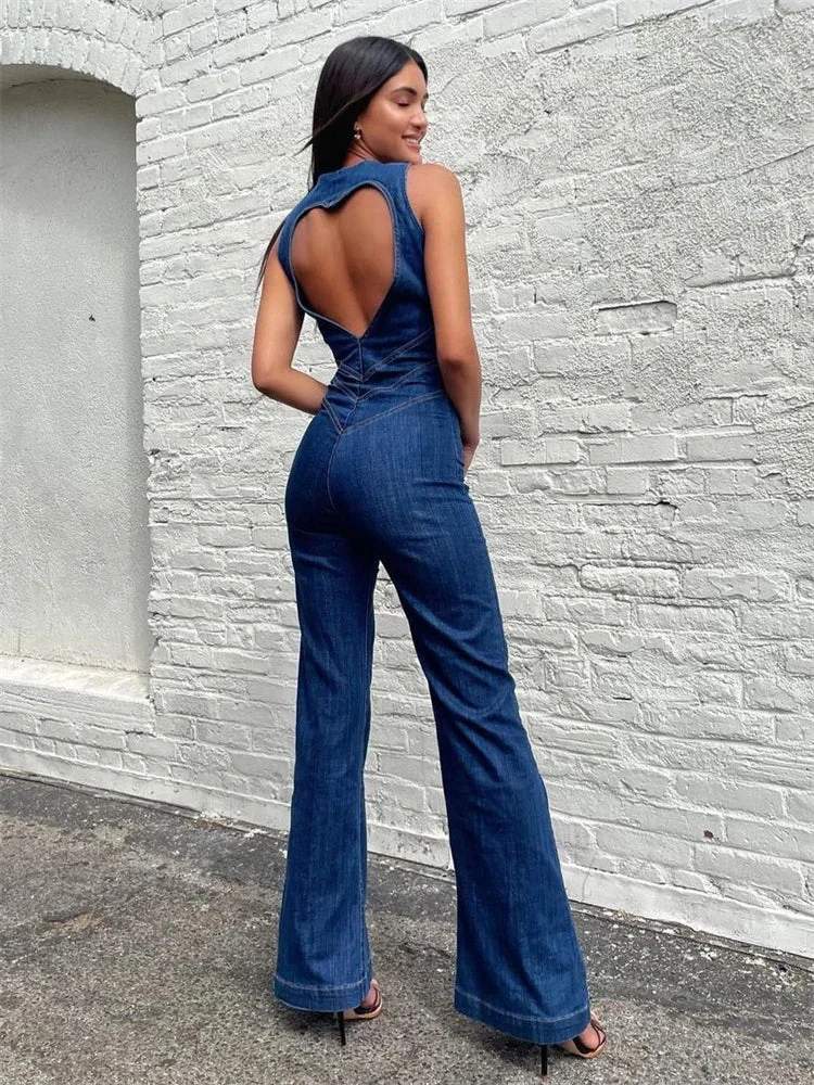 Oocharger Denim Backless Sleeveless Jumpsuits Female Hollow Out Slim Fashion Heart Cutout Y2k Bodycon Jeans High Street Jumpsuits