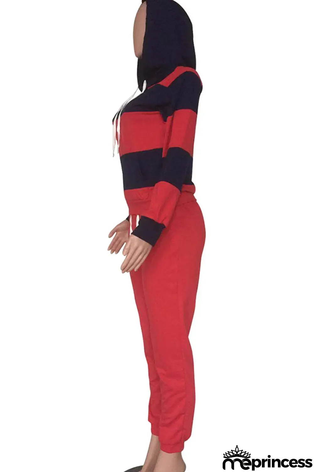 Red Polyester OL Striped Patchwork Print pencil Long Sleeve Two Pieces