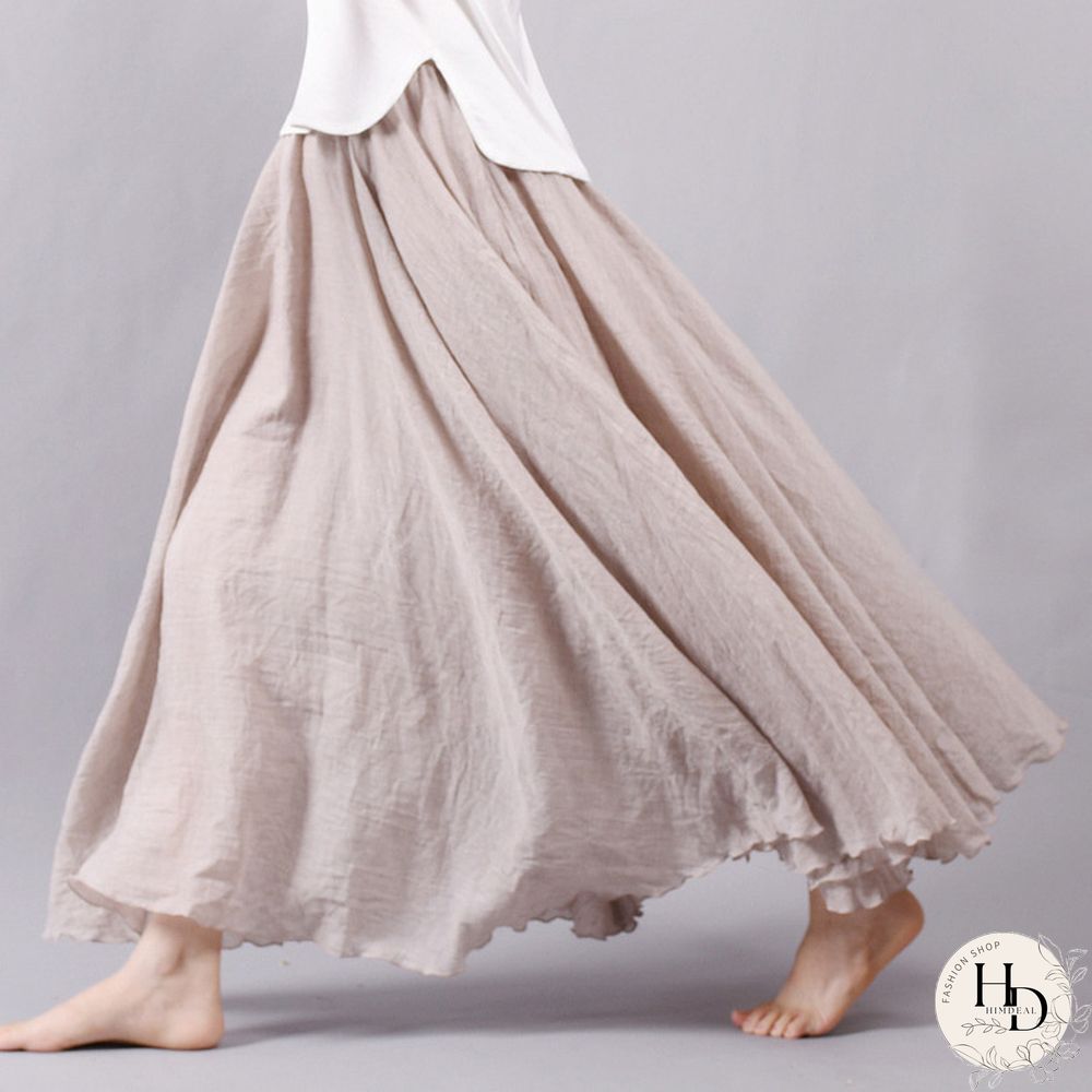 Womens Elegant High Waist Linen Maxi Skirt Summer Ladies Casual Elastic Layers Skirts Saia