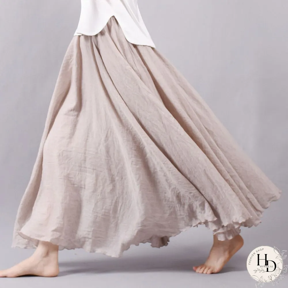 Womens Elegant High Waist Linen Maxi Skirt Summer Ladies Casual Elastic Layers Skirts Saia