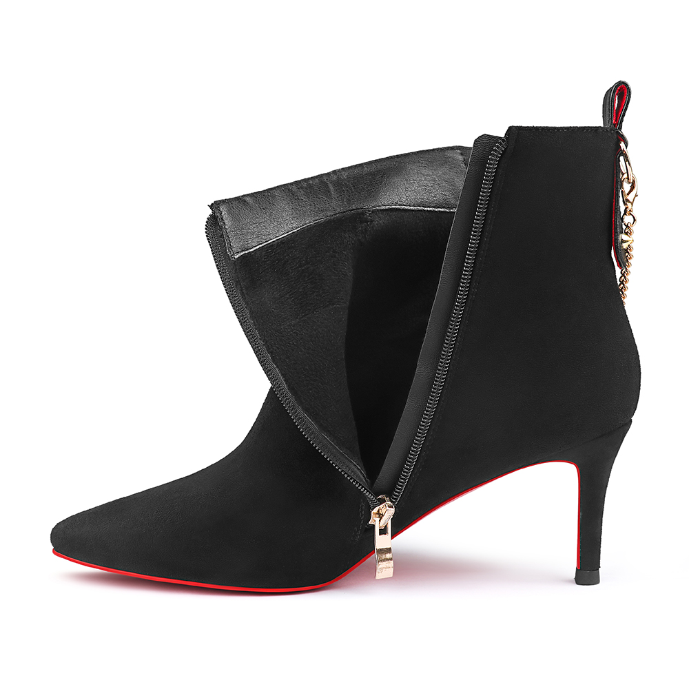 60mm Women's Pointed Toe Metal Chain Kitten Heel Single Strap Red Bottom Booties-vocosishoes